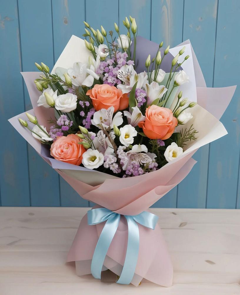 Букет цветов из: Лизиантусы, Розы, Альстромерии и Гипсофила в Белокурихе
